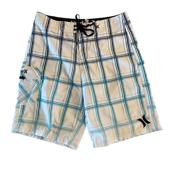 Hurley Mens Board Shorts Plaid Classic White Blue Double LaceTie Size 32 - Picture 1 of 7